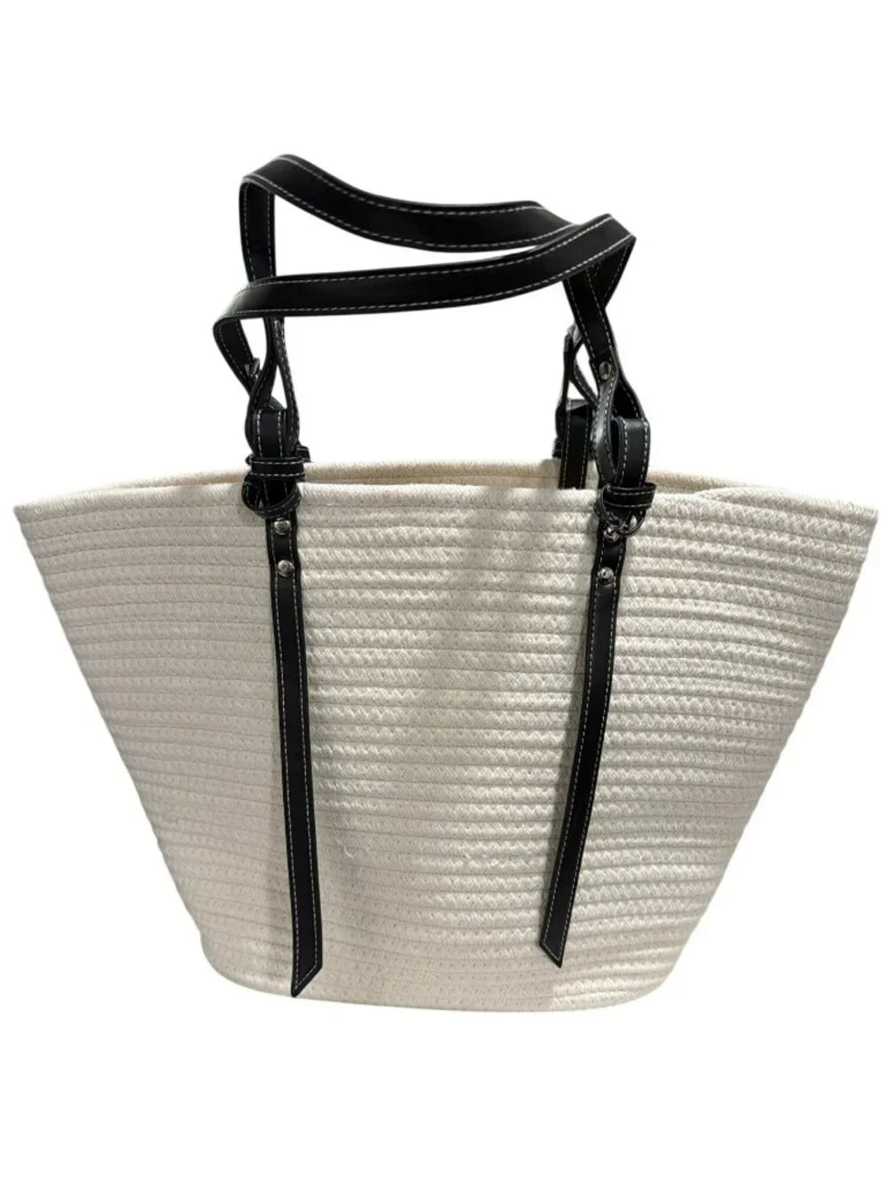 New Large White Woven Tote Bag With Black Faux Leather Handles